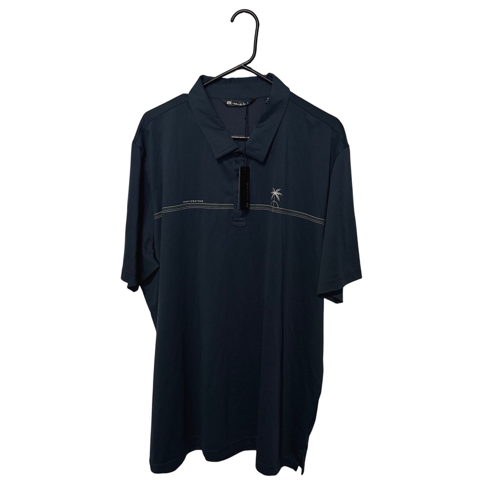 Travis Mathew Polo Shirt Mens 2XL Blue Luna Sol Palm Tree Print Performance Golf